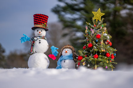 Snowman on winter card. Playful snowman outdoors. Winter holiday. Cute snowman in snow. Christmas and New Year. Snowman festive winter celebration. Winter theme.の写真素材