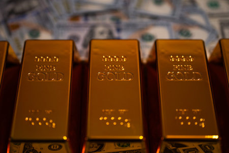Dollars vs gold bar. Precious metals. Saving finance in gold bar. Dollars vs gold bar. Saving money...