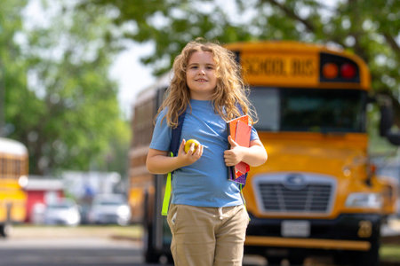School bus waiting for child student outdoors. Blonde kid with backpack and note books to go school....
