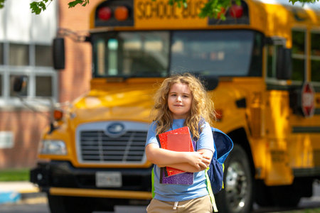 Back to school. School day starts for young student. Kid student with backpack near school bus. Kid...