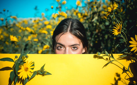 Spring face. Flower model portrait. Summer beauty. Romantic Girl. Fun woman in nature. Romantic...