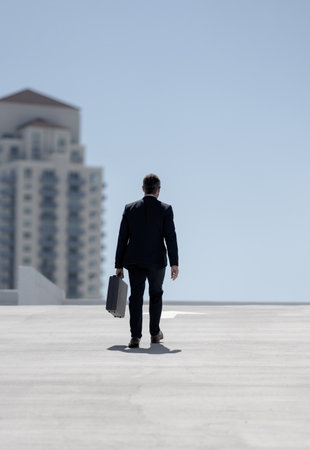 Back view of business man with briefcase walking. Business man walking away. Corporate leader go away. Man in suit with briefcase. Business professional from behind. Urban business man going to work.の写真素材