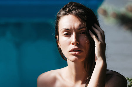 Close-up portrait of young sensual woman. Portrait of sensual beautiful model. Beauty woman. Stylish...