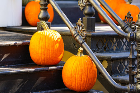 Halloween pumpkin decorations. Pumpkin for decorated house. Halloween Decorated at front yard of a American home. Halloween decorated front door with pumpkins. Autumn holiday of Halloween.の写真素材