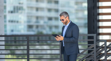 Finance expert reviewing a contract. Businessman outdoors with tablet. Businessman using tablet...