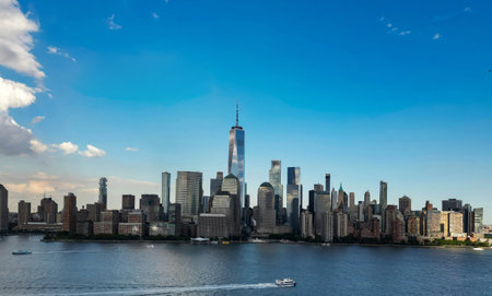 Manhattan aerial skyline, New York. Panorama view of New York city skyscrapers on blue sky. USA NYC....