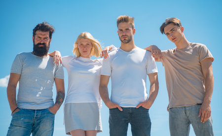 Group of young friends conversation. Team talking outdoors. Hipster friend. Students discussing. Community of friends. Friendly talk. College friends. Friends in conversation. Youthful group.の写真素材