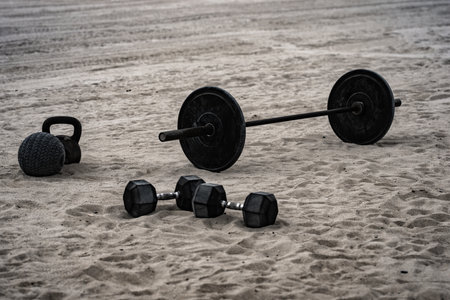 Sports equipment background. Kettlebell, barbell and dumbbells for summer sport background. Outdoor sport background. Fitness workout in public sport gym. Healthy lifestyle background. Sport banner.の写真素材