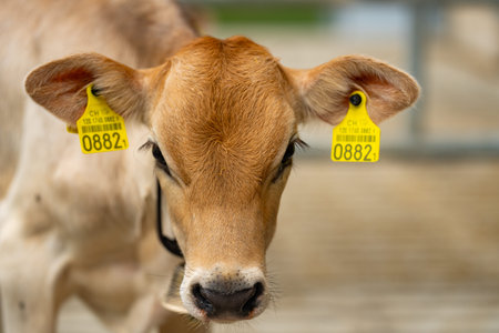 Dairy farming. Cute calf in a farm. Calf in the countryside. Farm life with cattle and calves....