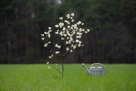 Watering can near spring field. Watering can near green field background. Growing and watering fruit...