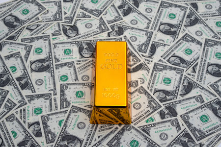 Gold bars. Dollar bills with gold bars. Cash money. Finance and banking concept. Golden bullion....