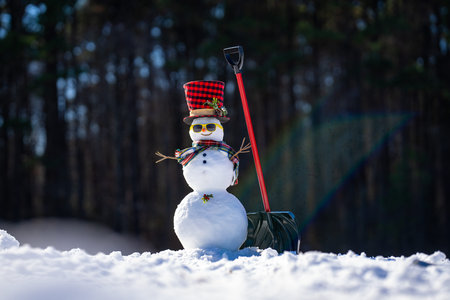 Snowman winter background. Snow holiday scene. Festive snowman with scarf. Snowy landscape design. Happy snow-man with hat. Winter banner. Frosty snowman. Winter greeting postcard. Funny snowman.の写真素材