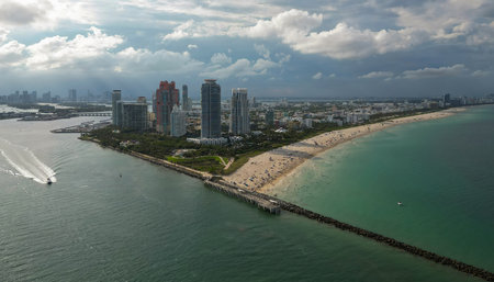 Aerial view of Miami skyline. Drone shot of Miami cityscape. Top view of South Miami and the ocean. Miami skyline with skyscrapers and coastline from above.の写真素材