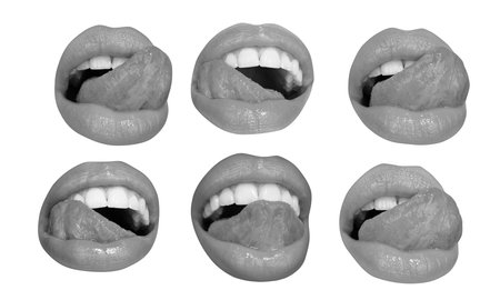 Sexy tongue and lips. Set of female lips on white isolated background, clipping path. Collection of mouth with red lip.の写真素材
