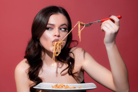 Italian cuisine. Pasta Bolognese. Carbonara spaghetti. Healthy menu. Food from Italia.の写真素材