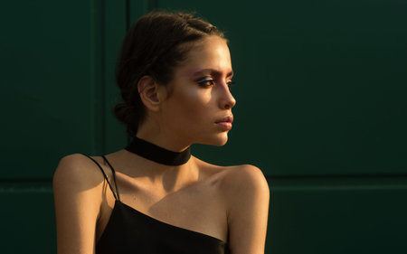 Portrait of a young woman. Model posing in studio shadow lighting. Fashion shoot of woman. Model...