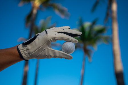 Golf ball n hang on blue sky with summer palm. Hand holding golf ball. Summer golf course. Palm trees on golf course. Golfer wearing glove. Playing in summer. Golfclub banner.の写真素材