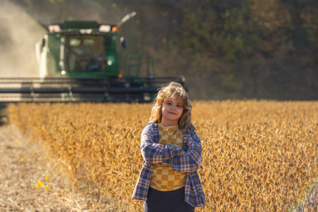 Child in a wheat field. Little farmer at farm field. Child at rural countryside. Child in golden wheat field. Harvest season. Rural field, child on farmland. Kid on farm. Kid walk through fields.の写真素材