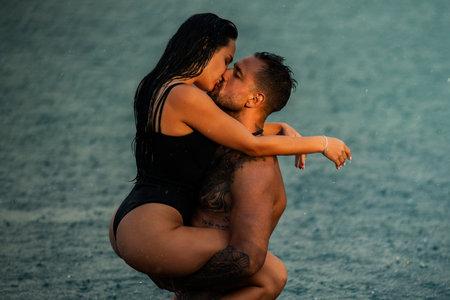Hot summer. Sexy models. Embracing love couple. Summer couple in love. Sensual couple in love having...