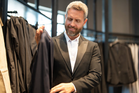 A boutique consultant helps a customer find the perfect suit. A luxury store collection of premium suit designs. Elegant suit is perfect for business man. A well-tailored suit.の写真素材