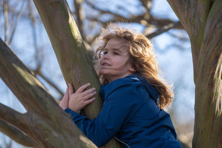 Children climbing trees outdoors. Child playing on tree. Happy child hugging a tree. Little climber in the park. Childhood fun in the countryside. Playful children in the garden. Child climbing a branch.の写真素材