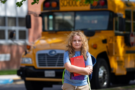 School bus waiting for child student outdoors. Blonde kid with backpack and note books to go school. Outdoor walk to public school. Education, studying and knowledge concept in American school.の写真素材