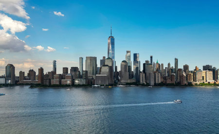 NYC aerial skyline, New York. Panorama view of New York city skyscrapers on blue sky. USA NYC. Lower...