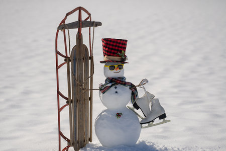 Snowman on snow background. Winter holiday scene. Snowman with scarf and hat. Snow design. Happy snowman outdoor. Snow banner. Frosty snowman. Winter greeting card. Cute snow man.の写真素材