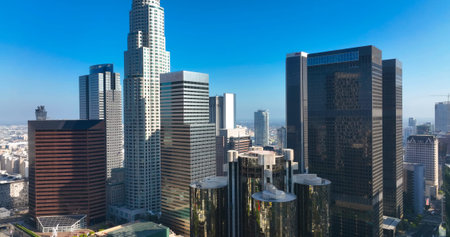 Los Angeles city. LA downtown aerial view. Los Angeles skyline. LA streets. Los Angeles from a top view. Downtown towers of Los Angeles. Panoramic scene of LA skyline. American city in California.の写真素材