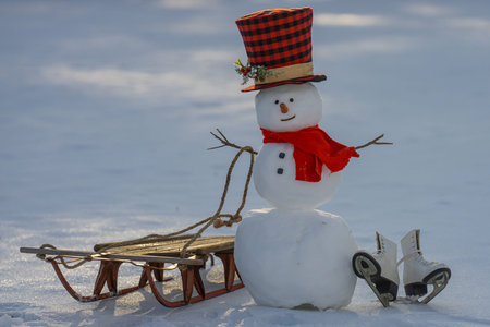 Snowman on winter snow background. Snowman outdoors. Winter holiday. Cute snowman in snow. Christmas...