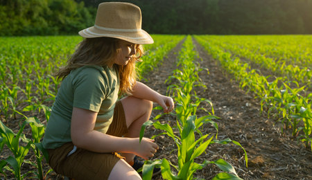 Kid farmer on a corn farm. Young farmer in corn field. Child farmer working on corn field. Kid...
