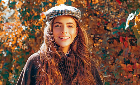 Autumn face of happy young woman. Smiling girl on autumn fall background. Beauty girl with fall...