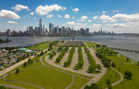 New York City and sky. NYC cityscape with skyscrapers. Aerial view of New York City skyline....