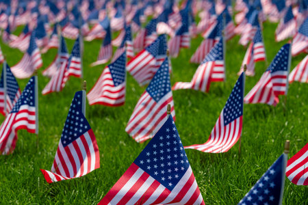 Flag of the United States. American flag background. American flag waving. American flags on grass. US banner. Memorial Day. USA flags. American flags poster.の写真素材
