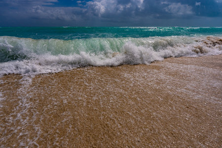 Ocean wave motion. Summer sea breeze. Sea nature backdrop. Peaceful ocean. Dreamy ocean horizon. Coastal ocean paradise. Seafoam waves. Summer tropical travel.の写真素材