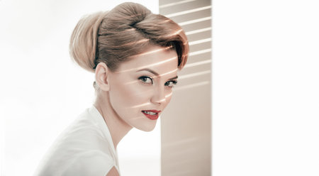 A beautiful woman face. Fashion shoot. Beauty woman model. Sensual girl face. Fashion female portrait. Young beauty woman face. Fashion girl. Sensual woman.の写真素材