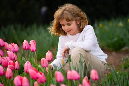 Child in tulip flower field in Holland. Kid in tulips fields in the Netherlands. Kid in blossom tulip flower field. Spring Blooming garden. A young boy smelling the freshly picked tulips.の写真素材