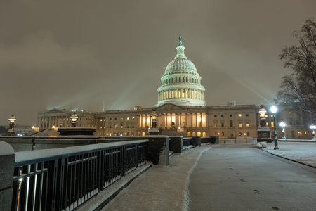 Washington DC in winter. American Capitol Building in snow. Washington city Capitol. United States...