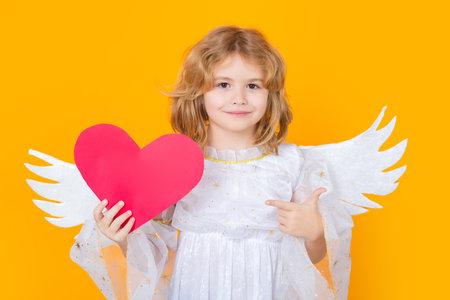 Child angel pointing on paper red heart, point gesture. Little cute child at angel costume on isolated background. Kid with angel wings. Isolated studio shot. Funny angel.の写真素材