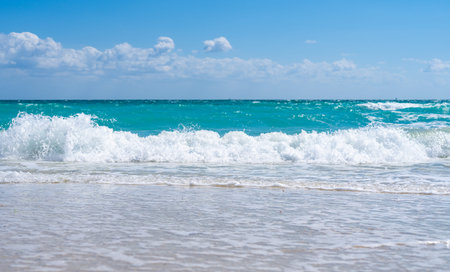 Relaxing beach vacation. Crystal-clear beach water. Luxury beach resort. Beautiful beach sunset.の写真素材