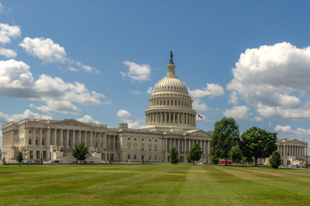 Washington DC. Capitol dome. Congress and Senate Capitol building in Washington D.C.. USA flag over...