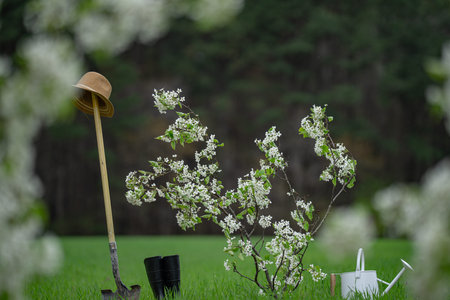 Gardening in spring background. Planting tree in spring. Cultivate backyard orchard. Farm on green...