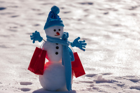 Snowman in a snowy field. Funny snowman with a carrot nose and scarf and winter hat. Classic snowman decorated for Christmas. Snowman in a festive New Year scene.の写真素材