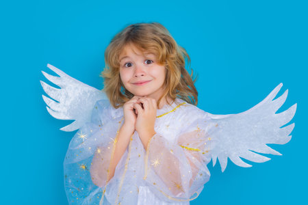 Valentines day. Blonde cute child with angel wings on a blue studio background. Happy angel child.の写真素材