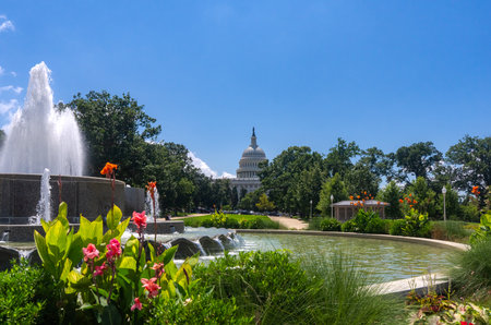 Washington DC Capitol building. Congress on Capitol Hill. American flag over Capitol. United States government Capitol landmark. Senate and House in Washington.の写真素材