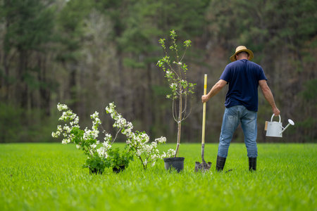 Gardener farmer working in spring garden. Farmer in garden with shovel. Back of gardener cultivating land. Mature farmer in orchard. Worker farmer planting seedling. Growing plants in backyard.の写真素材