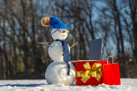 Snowman using phone and laptop in winter landscape. Funny snow man working online.の写真素材