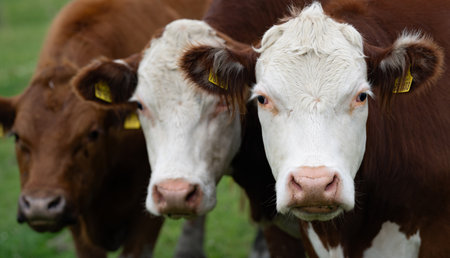 Cow in the grassland. Cow peacefully grazing. Summer meadow with cattle. Cow grazing in the countryside. Rural life and livestock. Grazing field with dairy cow.の写真素材