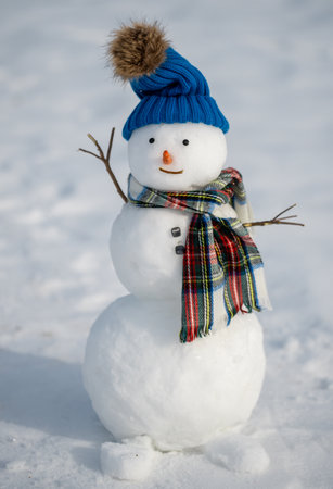 Snowman on snow background. Winter holiday scene. Snowman with scarf and hat. Snow design. Happy snowman outdoor. Snow banner. Frosty snowman. Winter greeting card. Cute snow man. Winter holiday.の写真素材