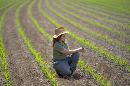 Eco farm. Child in eco-friendly corn field. Farming in green ecosystem. Eco farming concept. Organic...